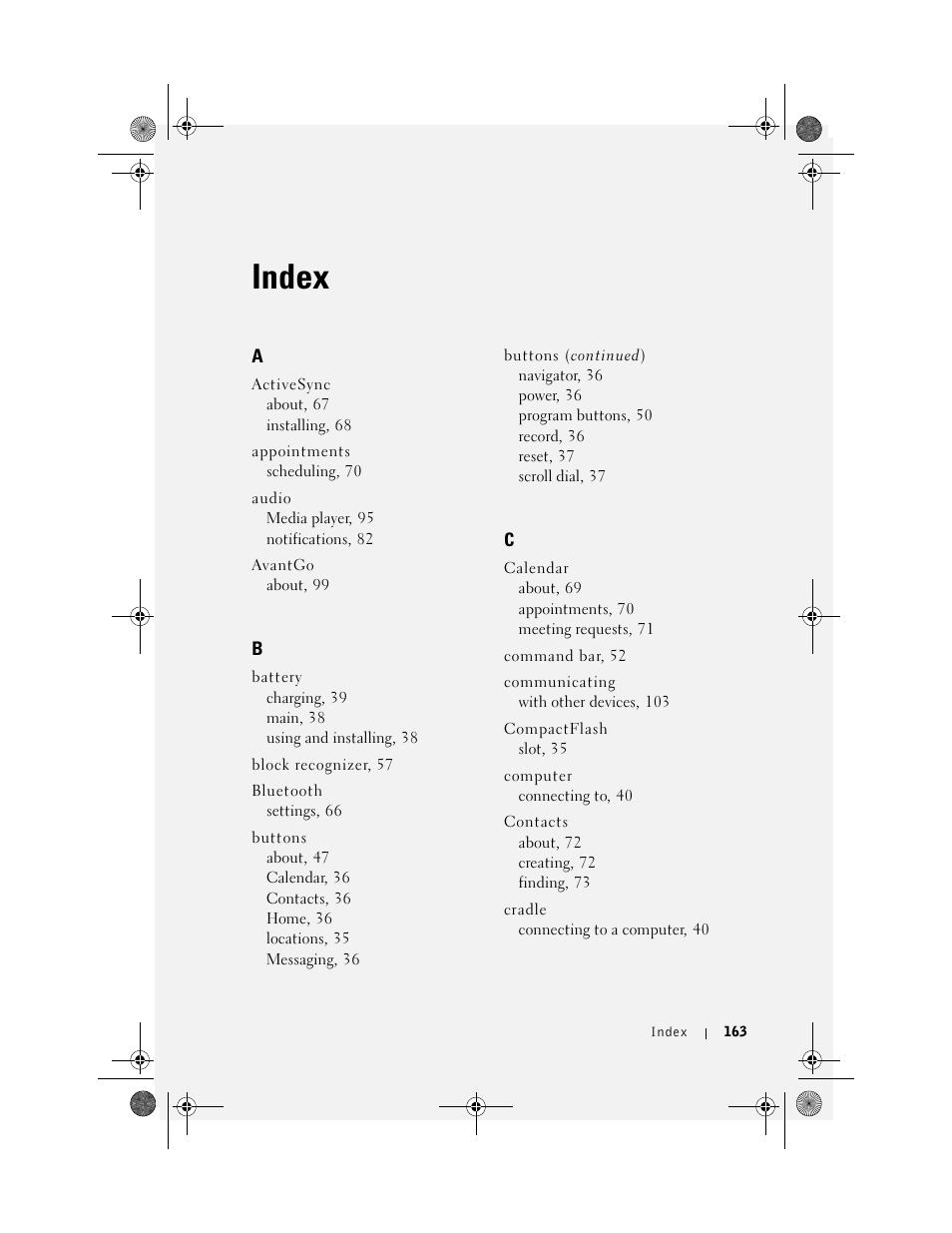 Index | Dell AXIM X30 User Manual | Page 163 / 168