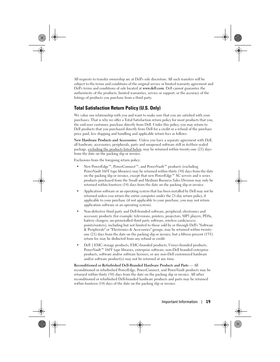 Total satisfaction return policy (u.s. only) | Dell AXIM X30 User Manual | Page 19 / 168