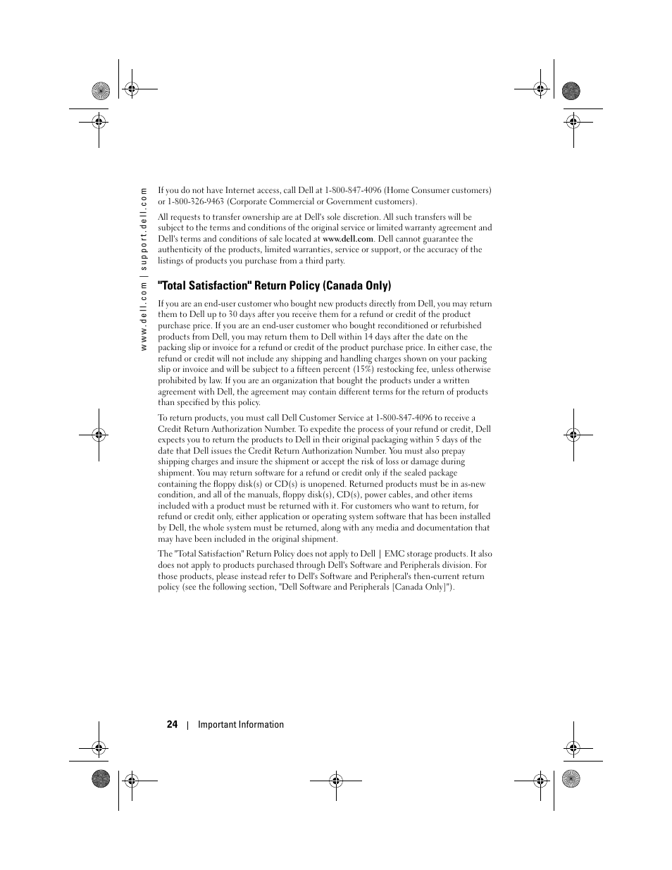 Total satisfaction" return policy (canada only) | Dell AXIM X30 User Manual | Page 24 / 168