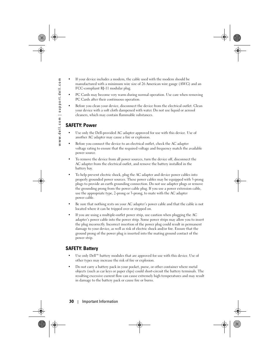 Safety: power, Safety: battery | Dell AXIM X30 User Manual | Page 30 / 168