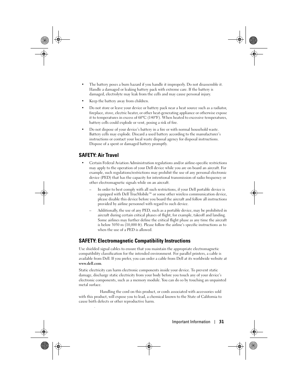 Safety: air travel, Safety: electromagnetic compatibility instructions | Dell AXIM X30 User Manual | Page 31 / 168