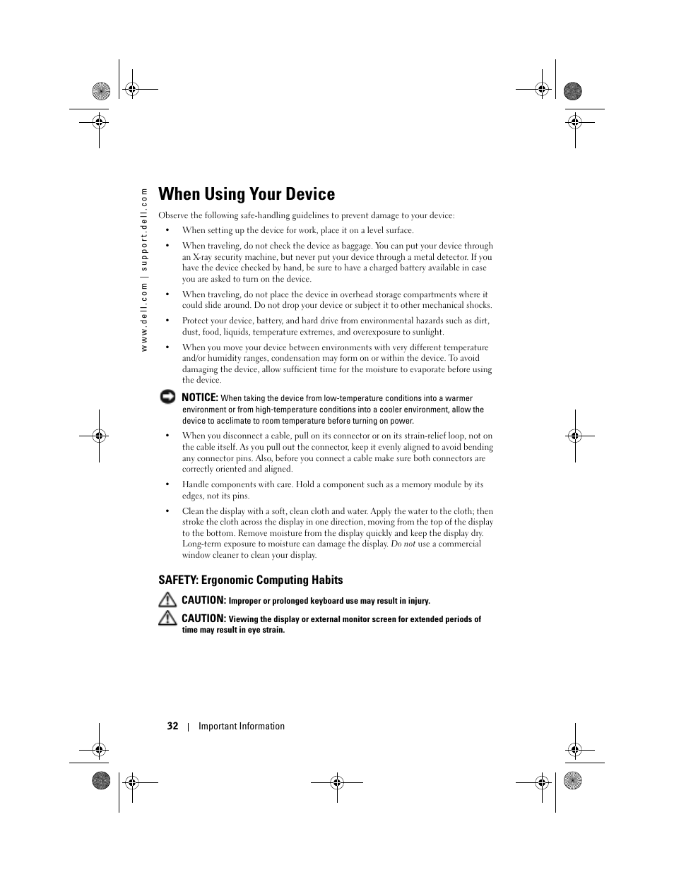 When using your device, Safety: ergonomic computing habits | Dell AXIM X30 User Manual | Page 32 / 168