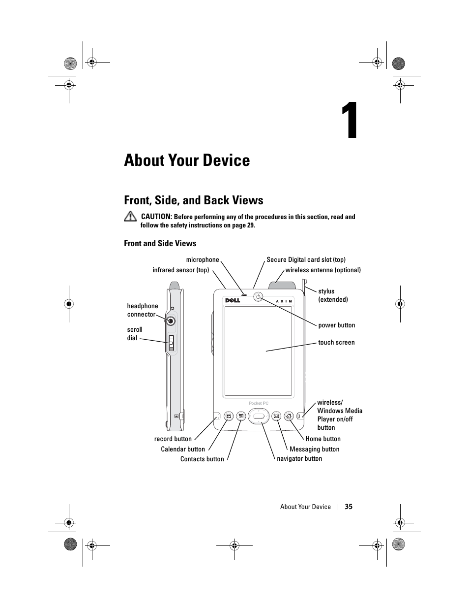About your device, Front, side, and back views, Front and side views | 1 about your device | Dell AXIM X30 User Manual | Page 35 / 168