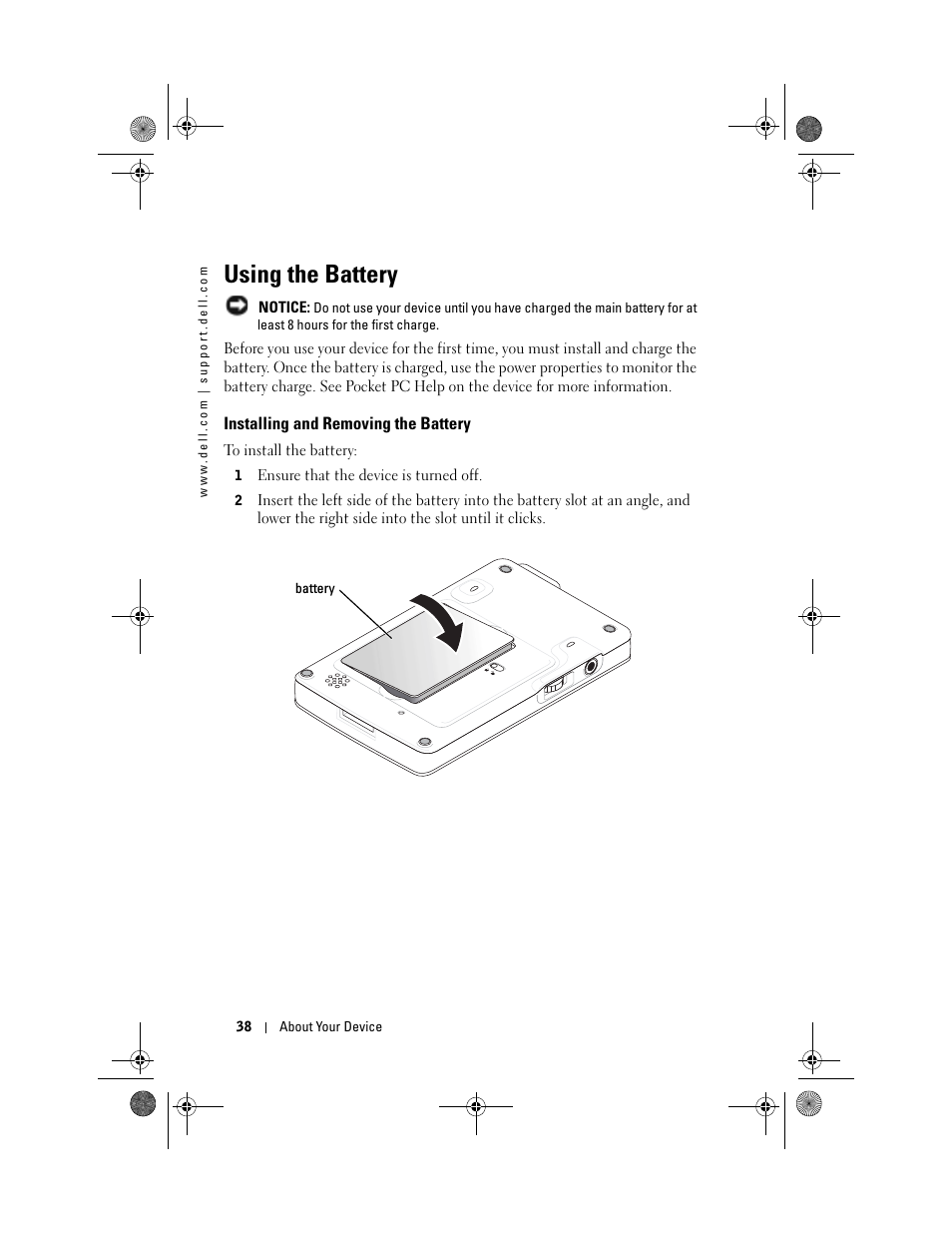 Using the battery, Installing and removing the battery | Dell AXIM X30 User Manual | Page 38 / 168