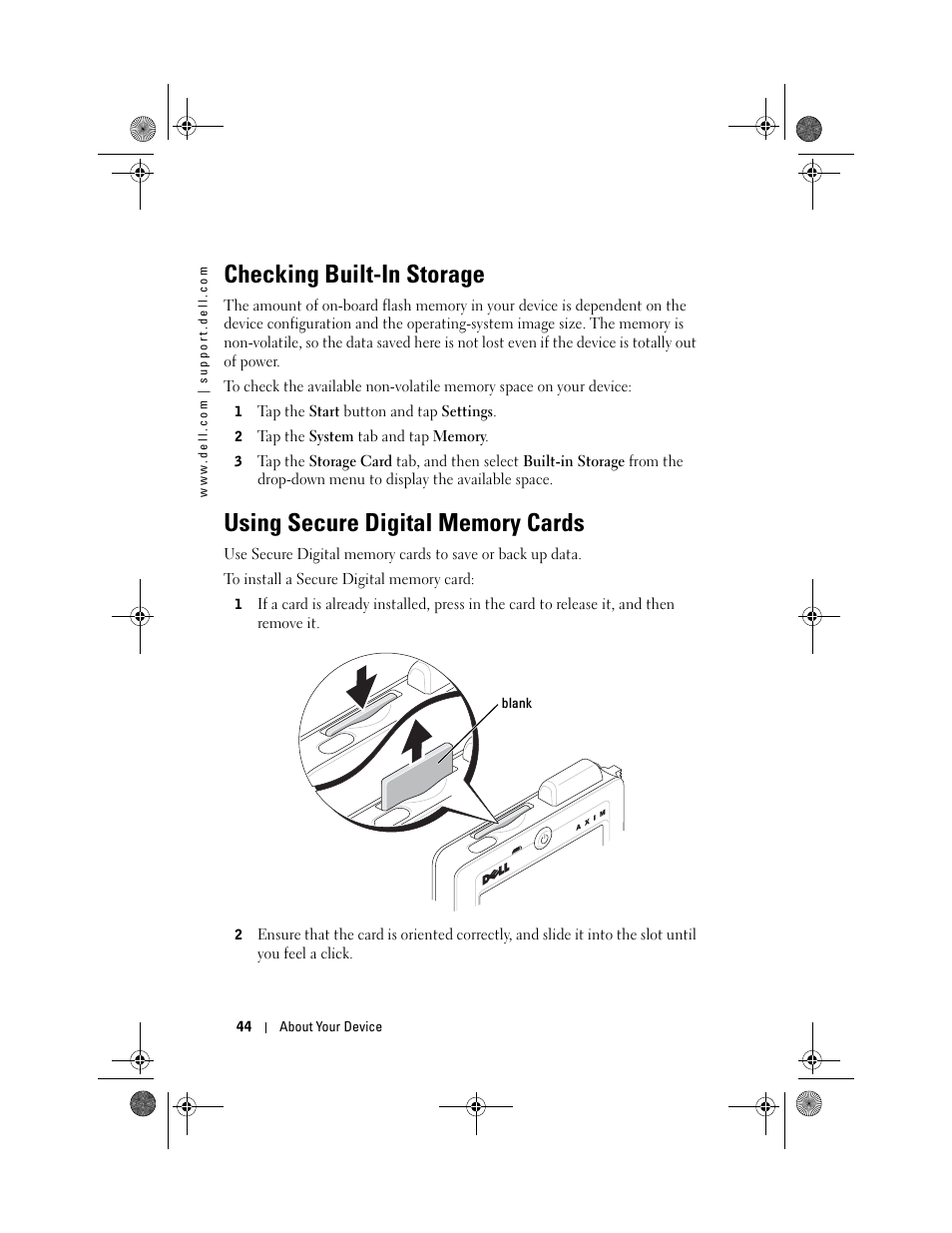 Checking built-in storage, Using secure digital memory cards | Dell AXIM X30 User Manual | Page 44 / 168