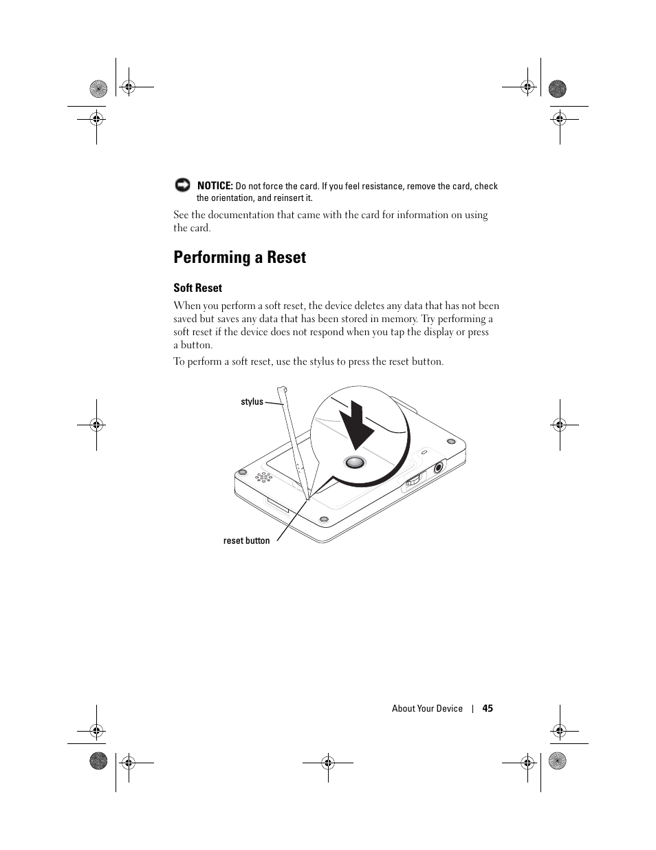Performing a reset, Soft reset | Dell AXIM X30 User Manual | Page 45 / 168