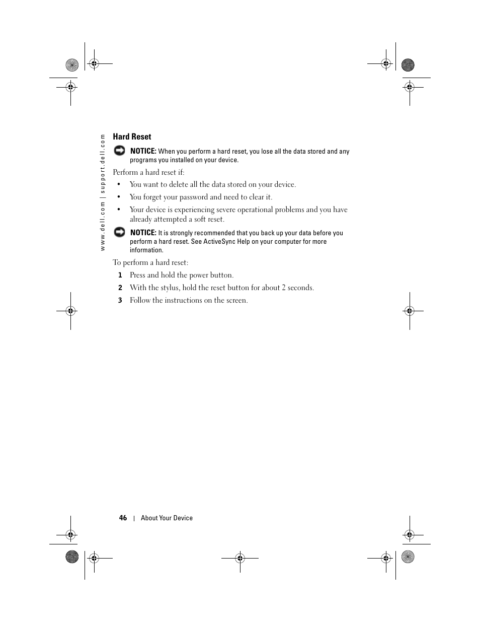 Hard reset | Dell AXIM X30 User Manual | Page 46 / 168