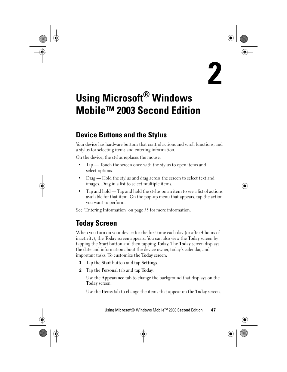 Device buttons and the stylus, Today screen, Using microsoft | Windows mobile™ 2003 second edition | Dell AXIM X30 User Manual | Page 47 / 168