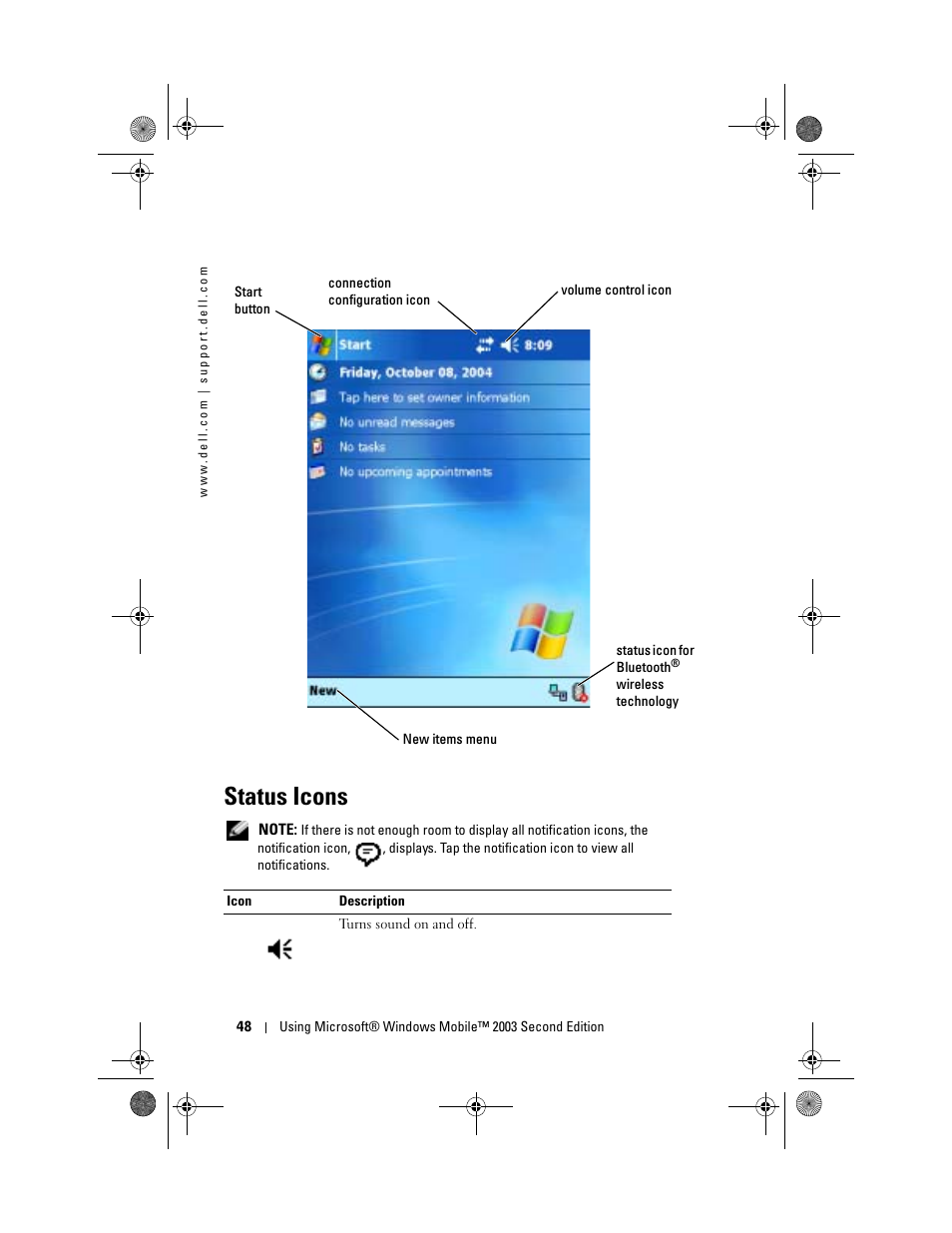 Status icons | Dell AXIM X30 User Manual | Page 48 / 168