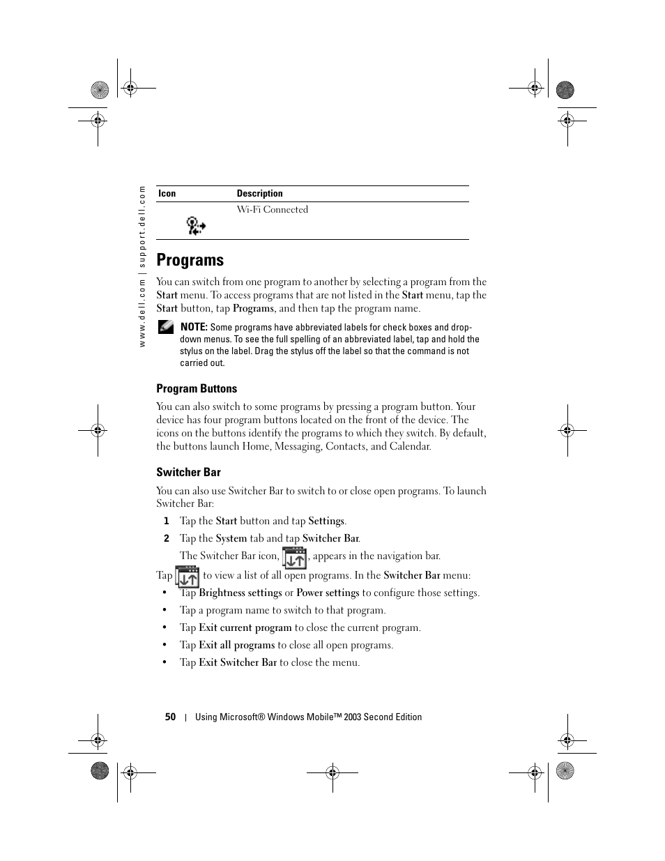 Programs, Program buttons, Switcher bar | Dell AXIM X30 User Manual | Page 50 / 168