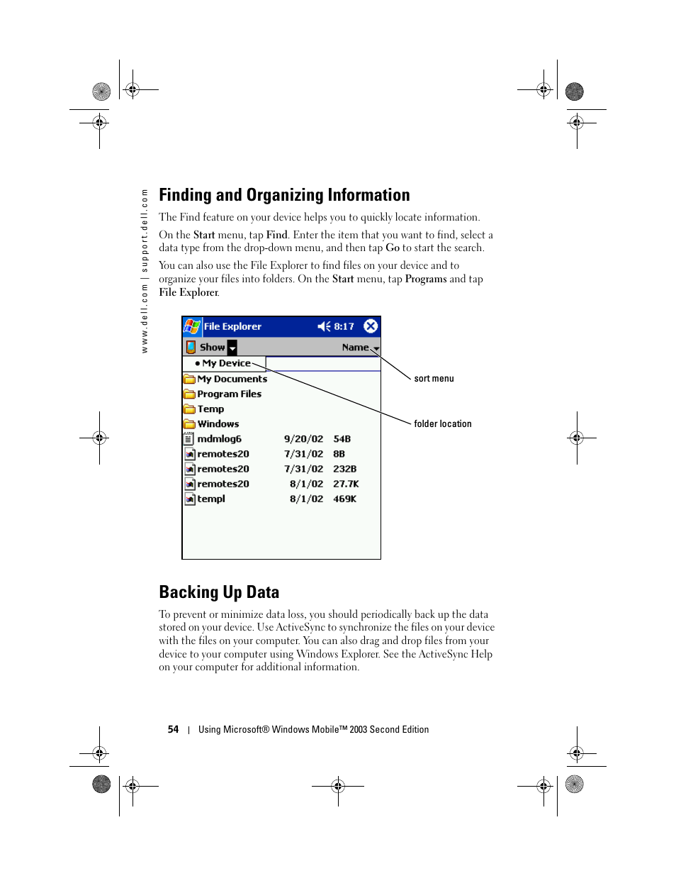 Finding and organizing information, Backing up data | Dell AXIM X30 User Manual | Page 54 / 168