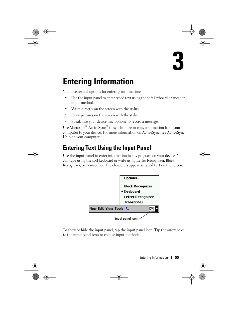 Entering information, Entering text using the input panel, 3 entering information | Dell AXIM X30 User Manual | Page 55 / 168