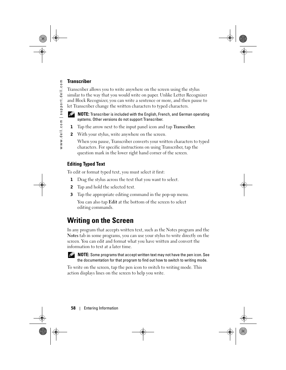 Transcriber, Editing typed text, Writing on the screen | Dell AXIM X30 User Manual | Page 58 / 168