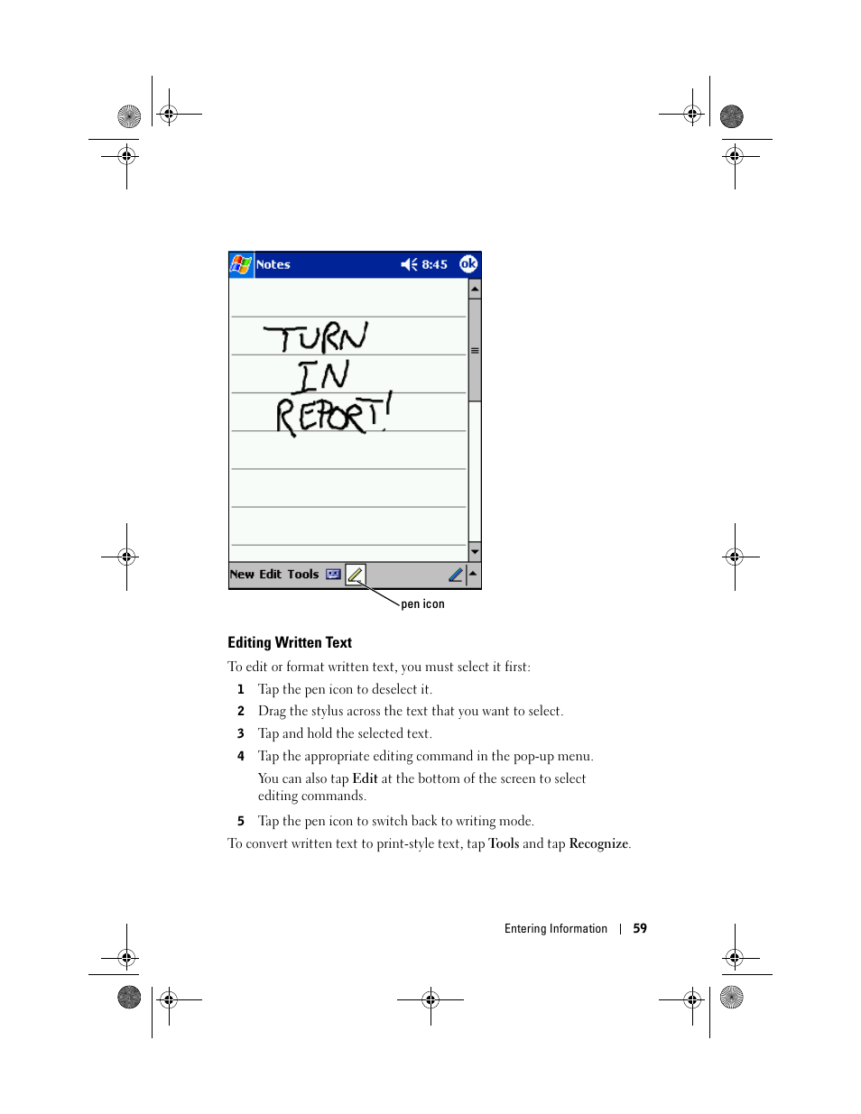 Editing written text | Dell AXIM X30 User Manual | Page 59 / 168