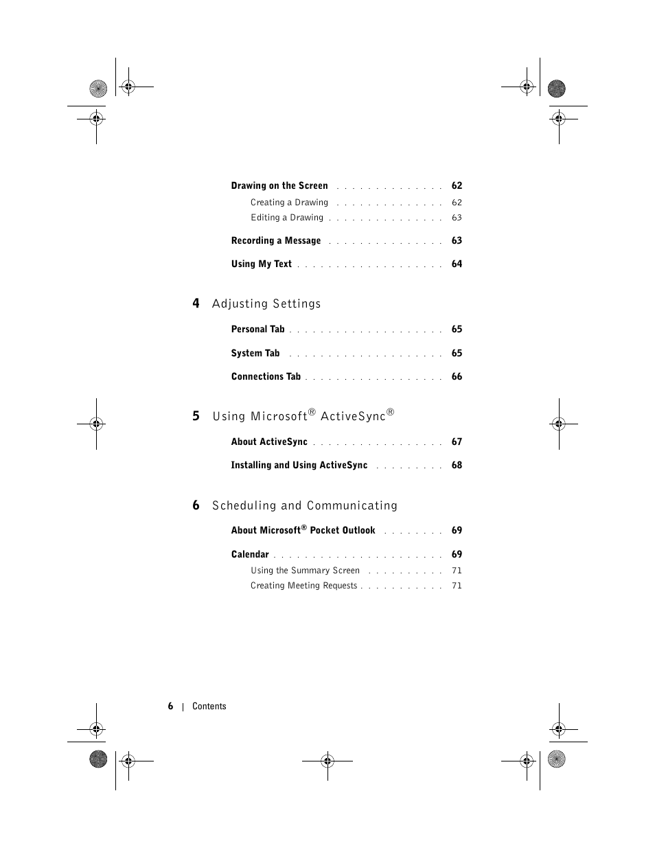 4 adjusting settings, 5 using microsoft® activesync, 6 scheduling and communicating | 5 using microsoft, Activesync | Dell AXIM X30 User Manual | Page 6 / 168
