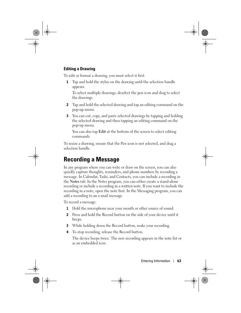 Editing a drawing, Recording a message | Dell AXIM X30 User Manual | Page 63 / 168