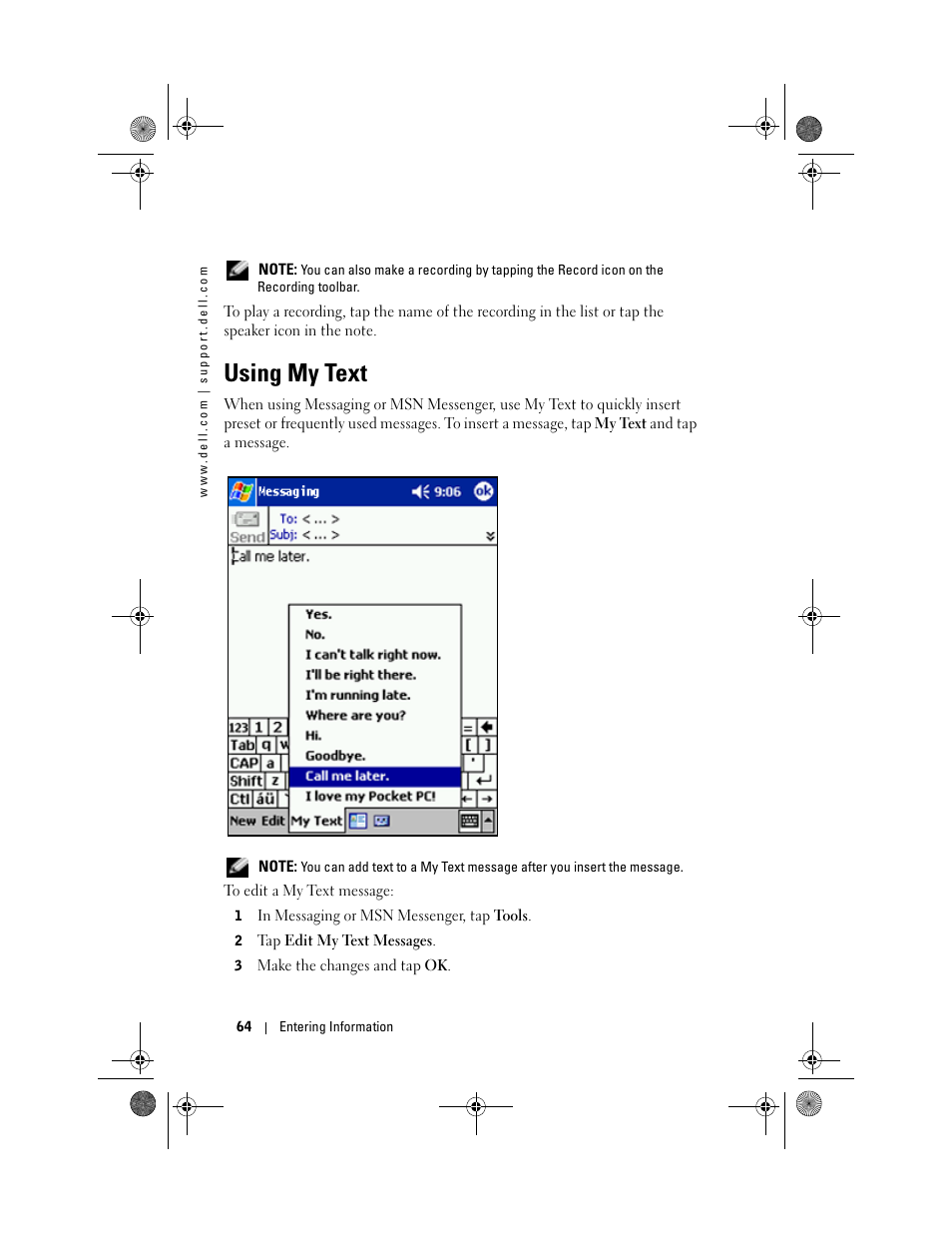 Using my text | Dell AXIM X30 User Manual | Page 64 / 168
