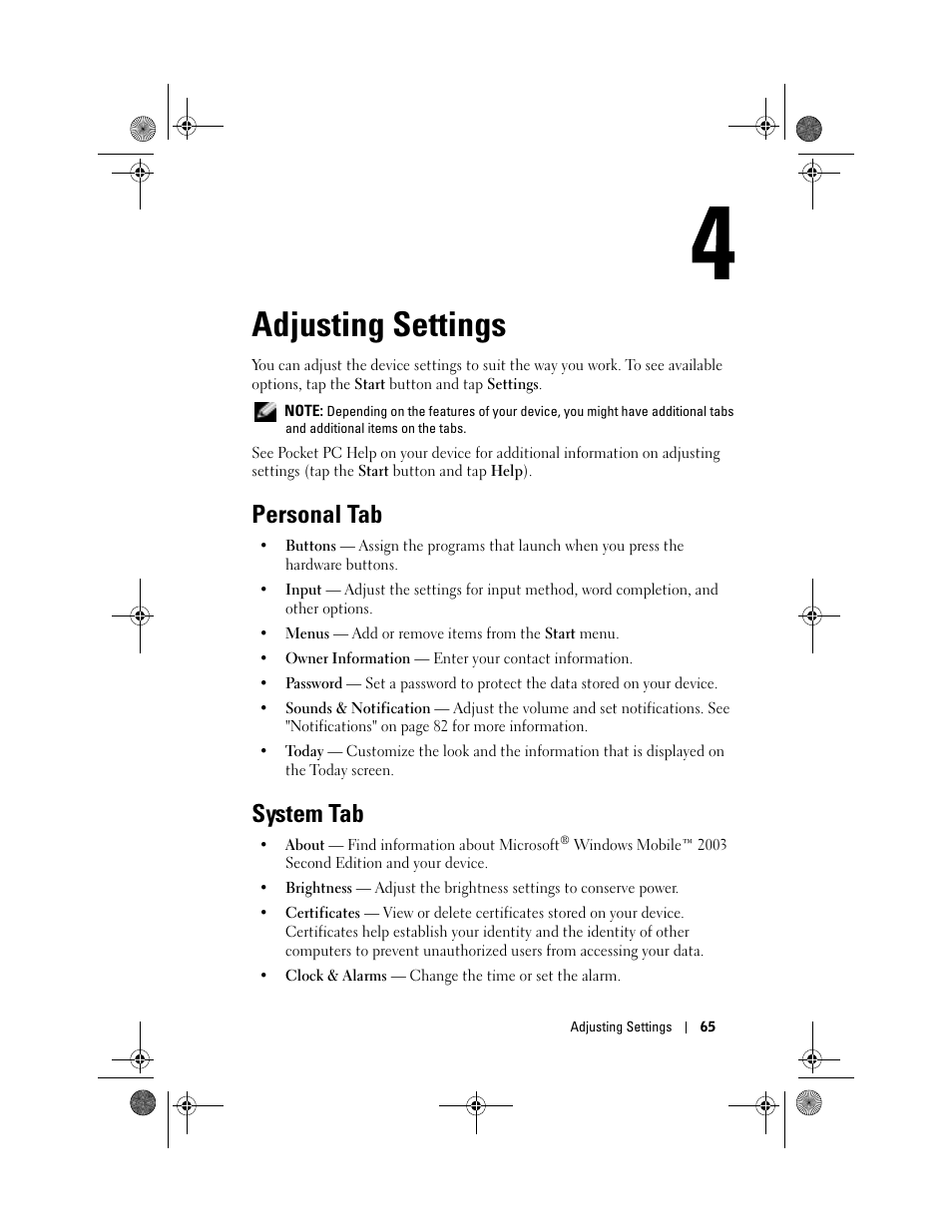 Adjusting settings, Personal tab, System tab | 4 adjusting settings | Dell AXIM X30 User Manual | Page 65 / 168