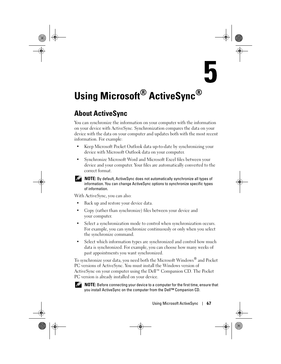 Using microsoft® activesync, About activesync, Using microsoft | Activesync | Dell AXIM X30 User Manual | Page 67 / 168
