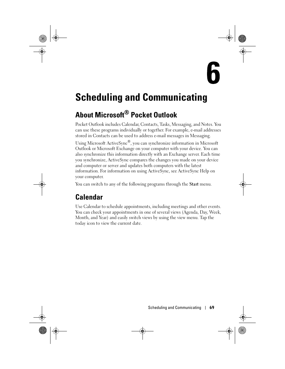 Scheduling and communicating, About microsoft® pocket outlook, Calendar | 6 scheduling and communicating, About microsoft, Pocket outlook | Dell AXIM X30 User Manual | Page 69 / 168