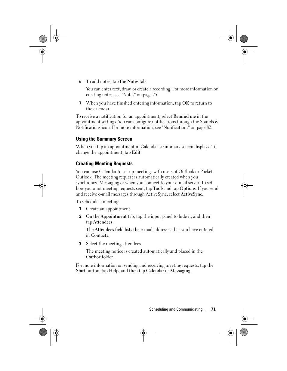 Using the summary screen, Creating meeting requests | Dell AXIM X30 User Manual | Page 71 / 168