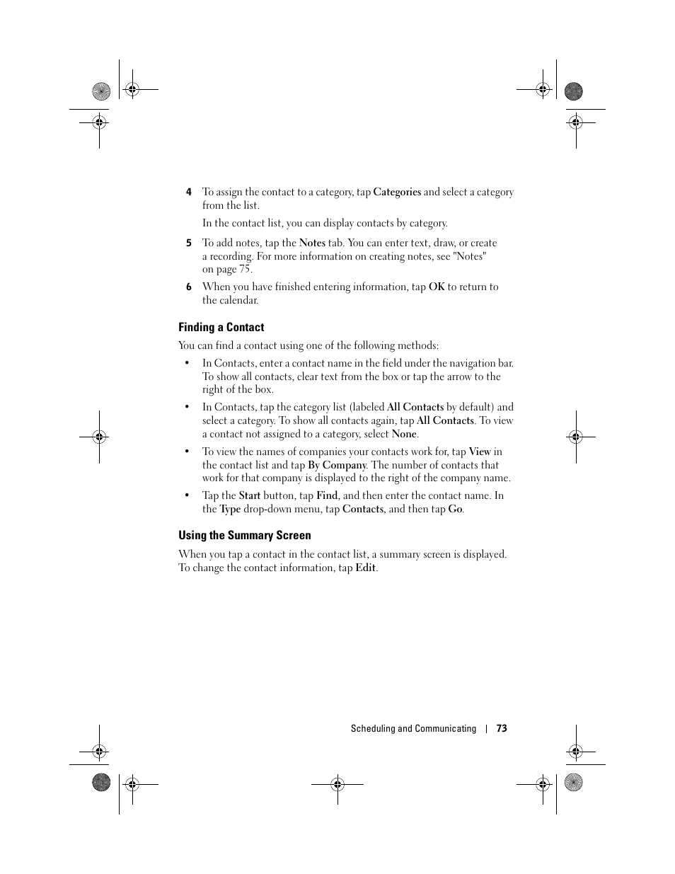 Finding a contact, Using the summary screen | Dell AXIM X30 User Manual | Page 73 / 168