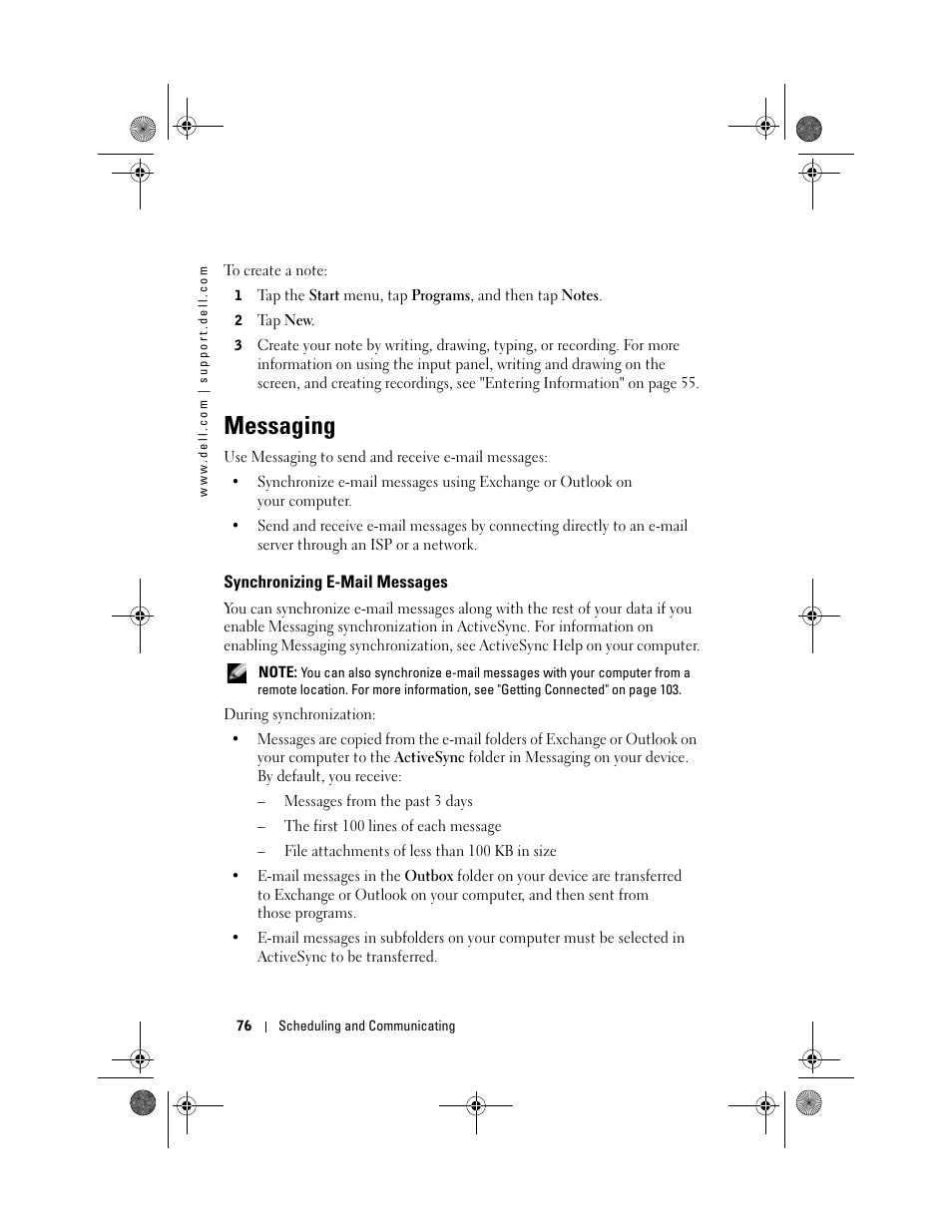 Messaging, Synchronizing e-mail messages | Dell AXIM X30 User Manual | Page 76 / 168