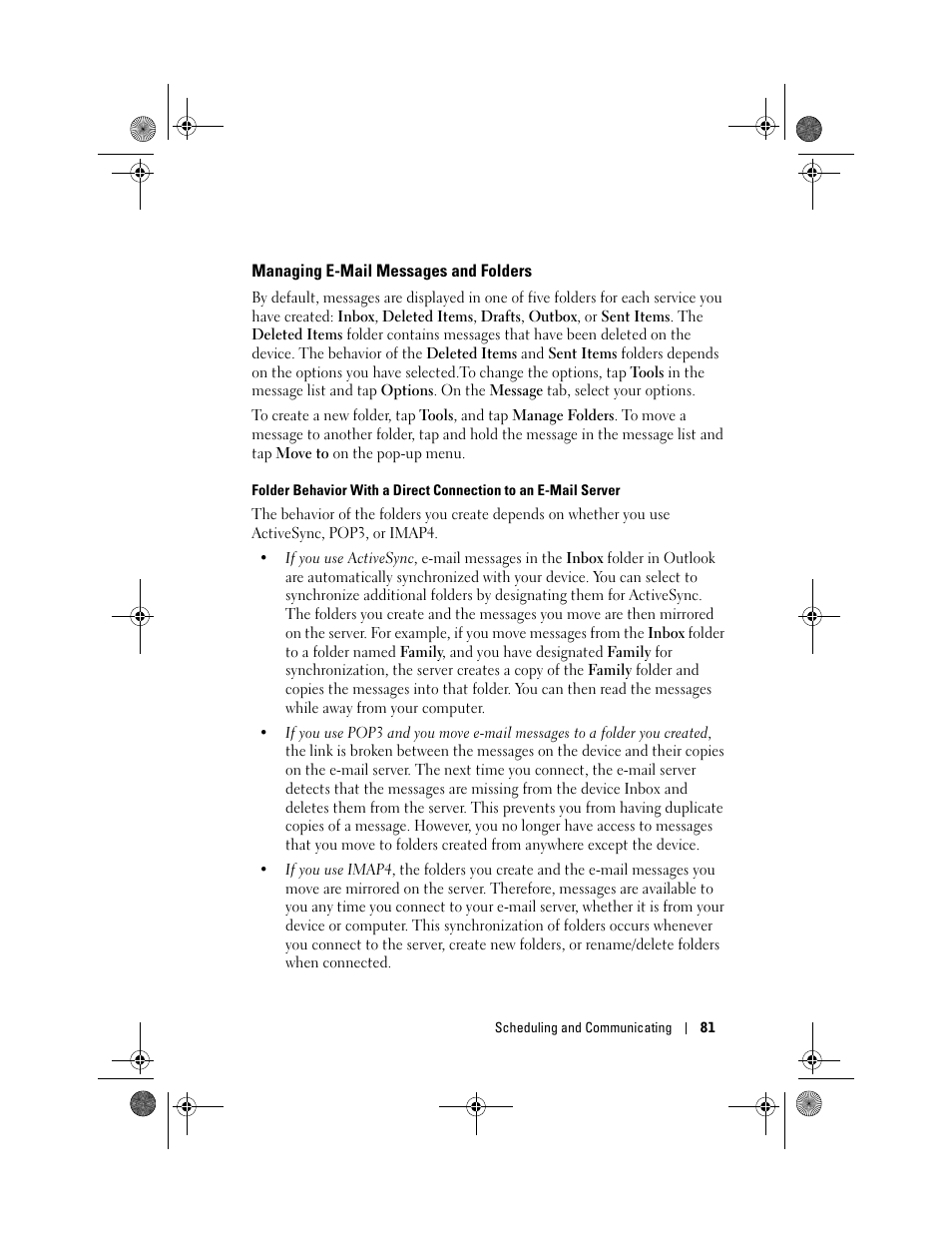 Managing e-mail messages and folders | Dell AXIM X30 User Manual | Page 81 / 168