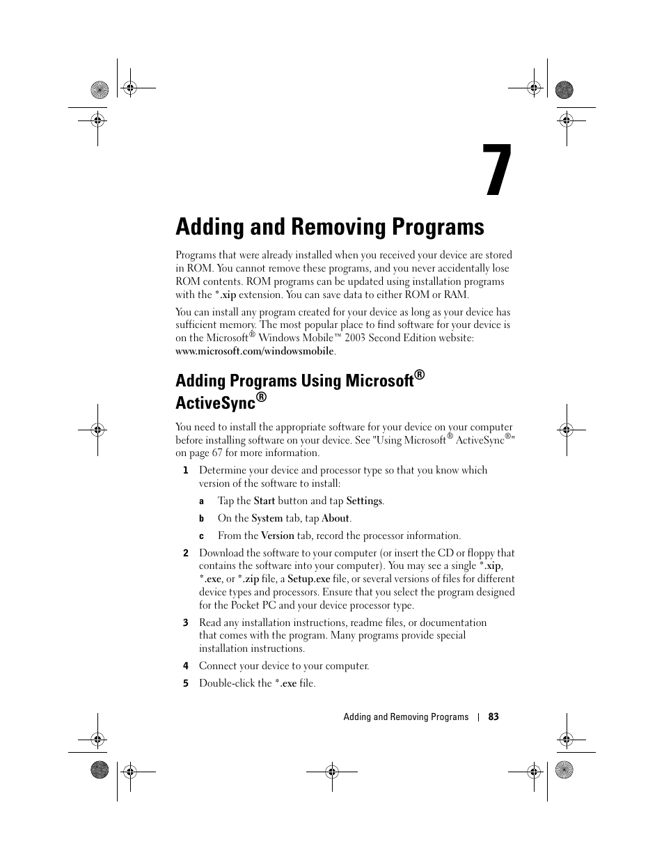 Adding and removing programs, Adding programs using microsoft® activesync, 7 adding and removing programs | Adding programs using microsoft, Ee "adding programs using microsoft, Activesync | Dell AXIM X30 User Manual | Page 83 / 168