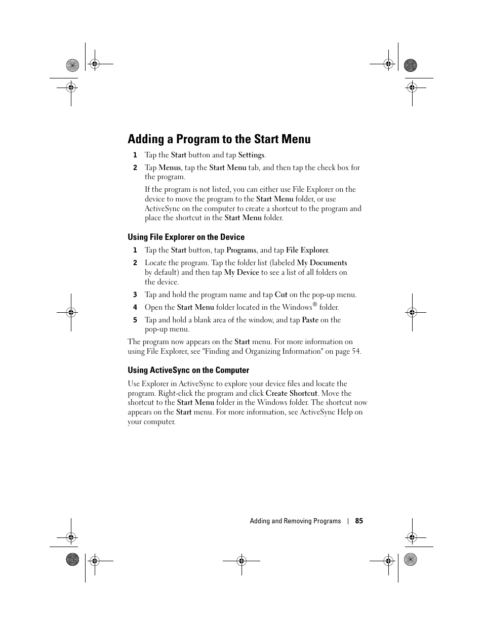 Adding a program to the start menu, Using file explorer on the device, Using activesync on the computer | Dell AXIM X30 User Manual | Page 85 / 168