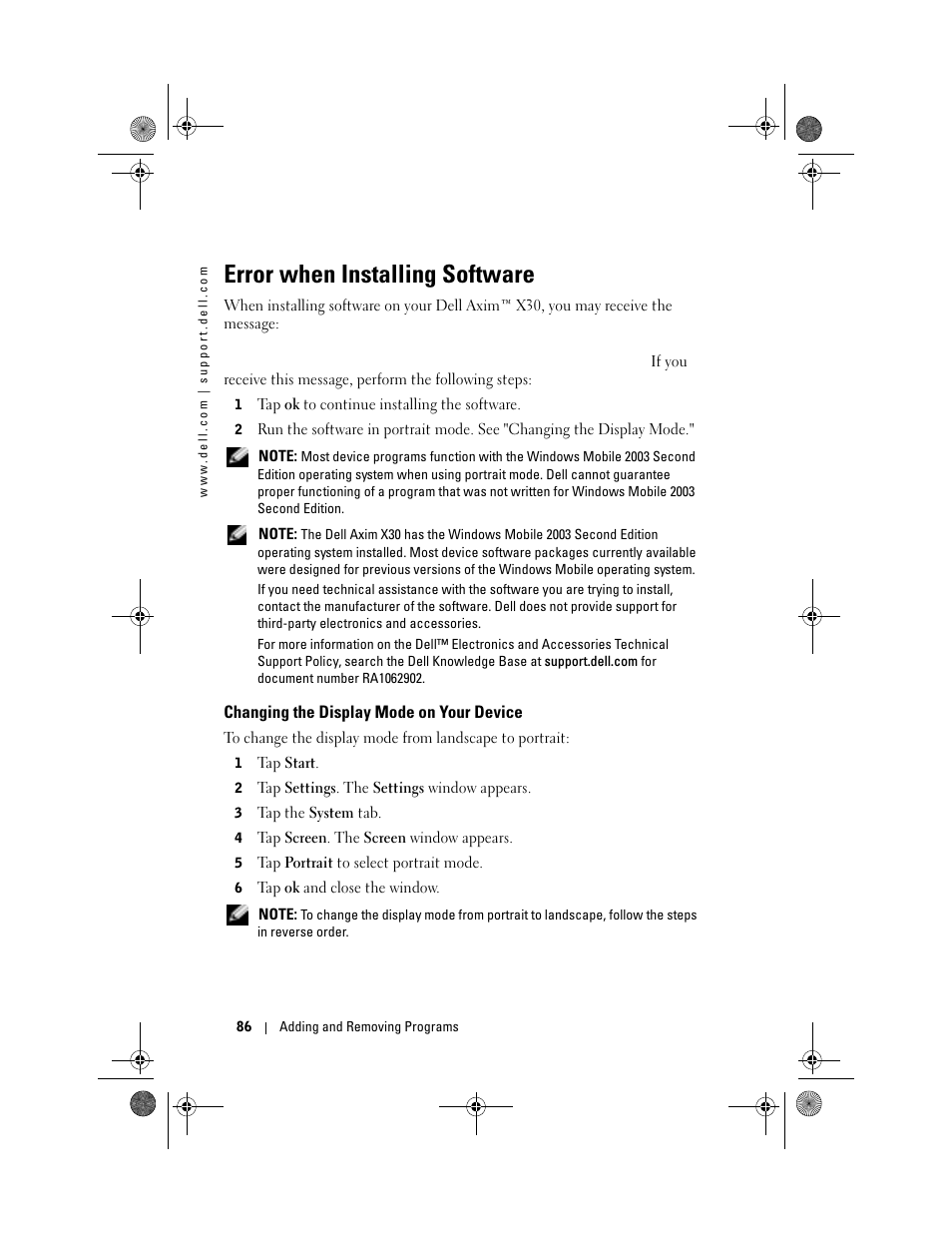 Error when installing software, Changing the display mode on your device | Dell AXIM X30 User Manual | Page 86 / 168
