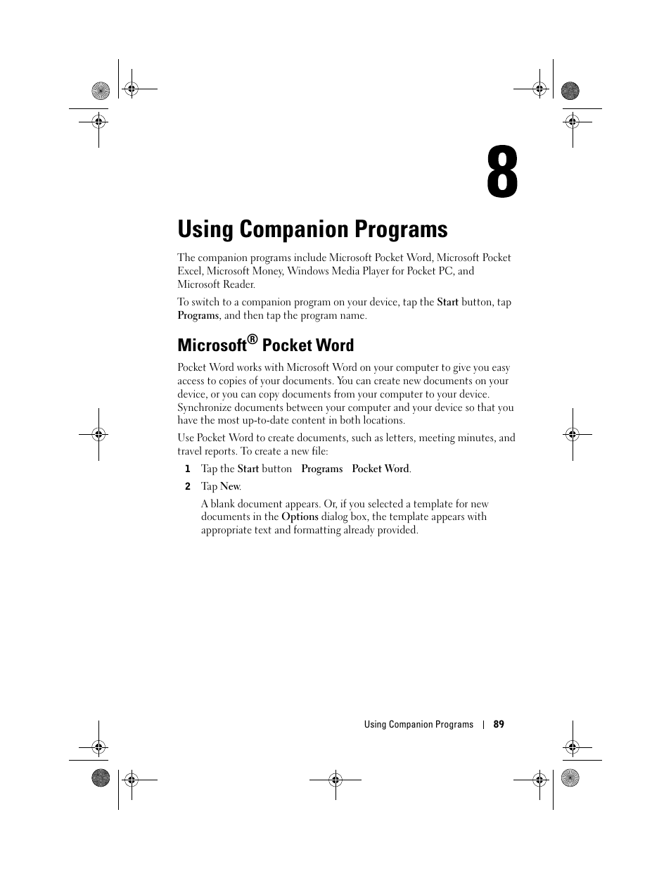 Using companion programs, Microsoft® pocket word, 8 using companion programs | Microsoft, Pocket word | Dell AXIM X30 User Manual | Page 89 / 168