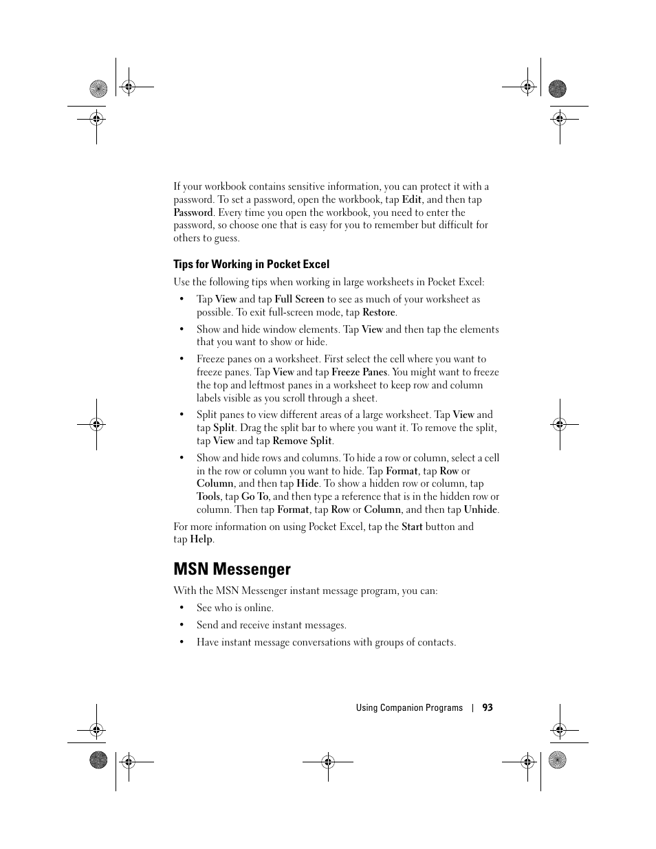 Tips for working in pocket excel, Msn messenger | Dell AXIM X30 User Manual | Page 93 / 168