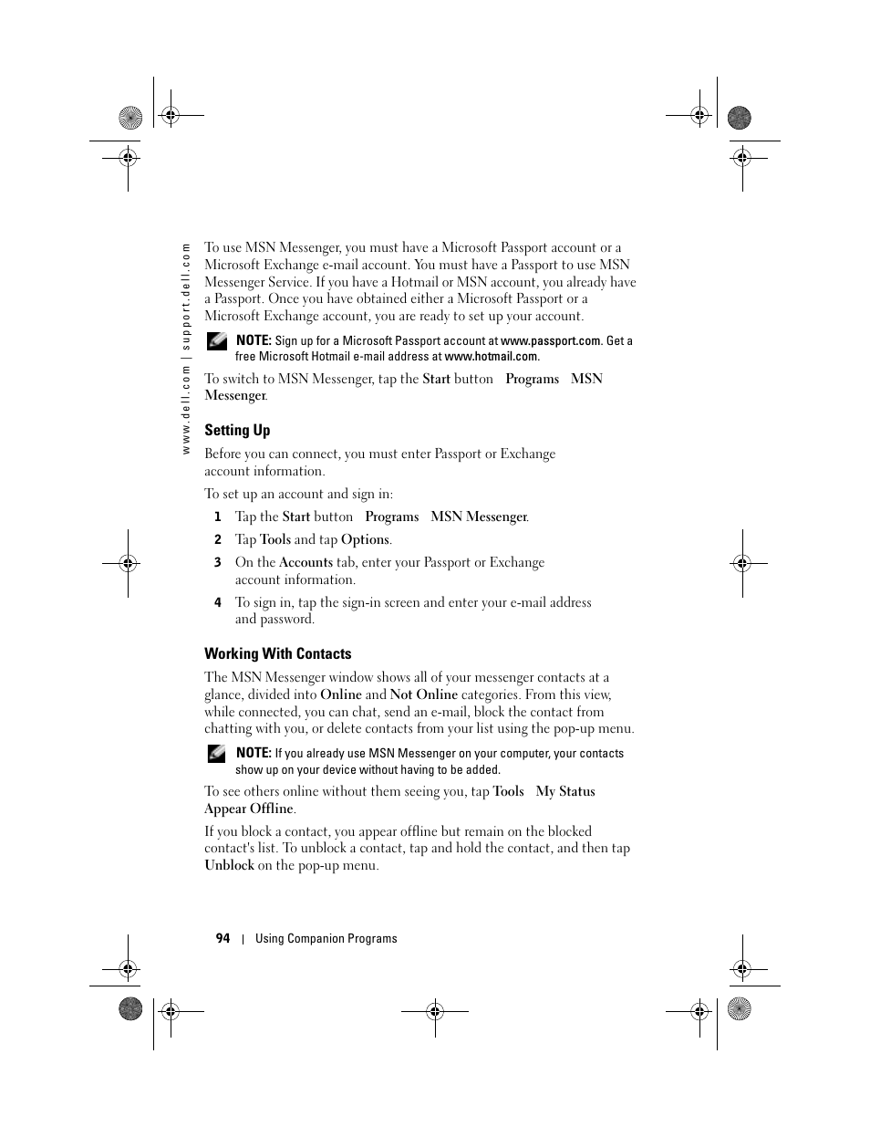 Setting up, Working with contacts | Dell AXIM X30 User Manual | Page 94 / 168