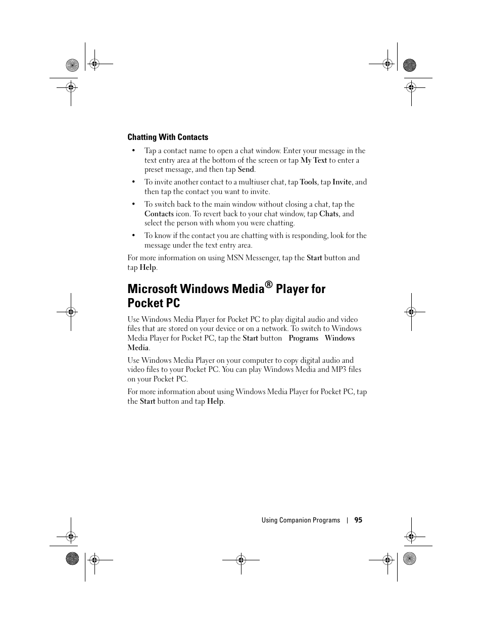 Chatting with contacts, Microsoft windows media® player for pocket pc, Microsoft windows media | Player for pocket pc | Dell AXIM X30 User Manual | Page 95 / 168