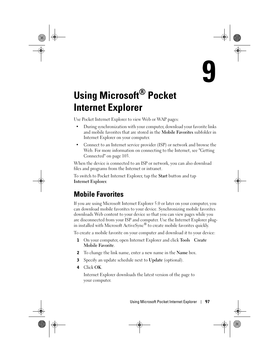 Using microsoft® pocket internet explorer, Mobile favorites, Using microsoft | Pocket internet explorer | Dell AXIM X30 User Manual | Page 97 / 168