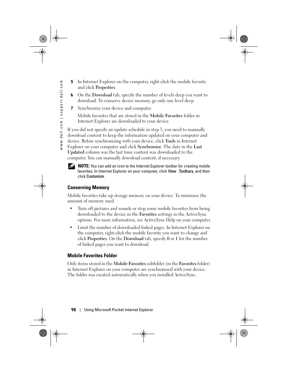 Conserving memory, Mobile favorites folder | Dell AXIM X30 User Manual | Page 98 / 168