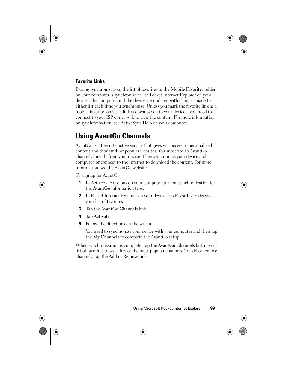 Favorite links, Using avantgo channels | Dell AXIM X30 User Manual | Page 99 / 168