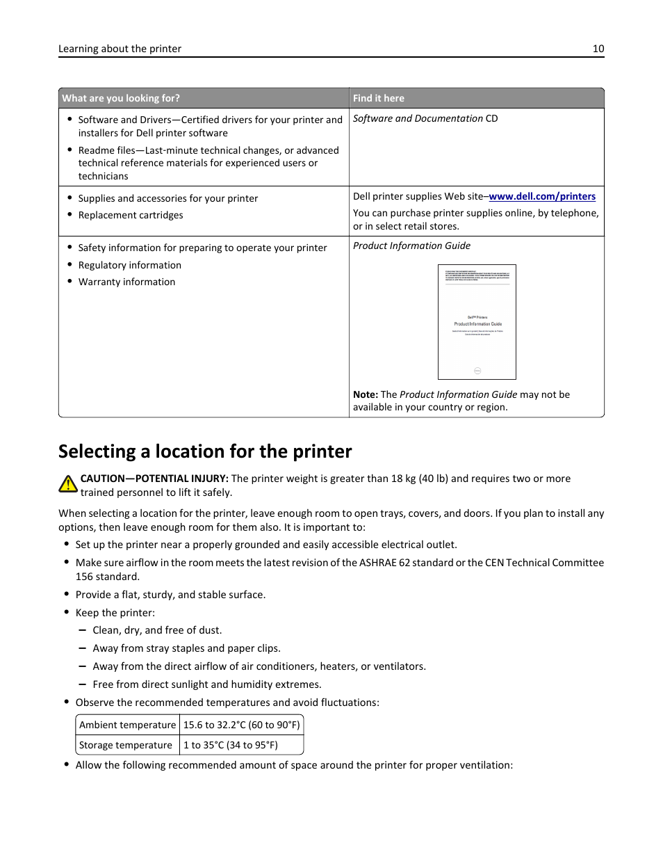 Selecting a location for the printer | Dell B3465dn Mono Laser Multifunction Printer User Manual | Page 10 / 315