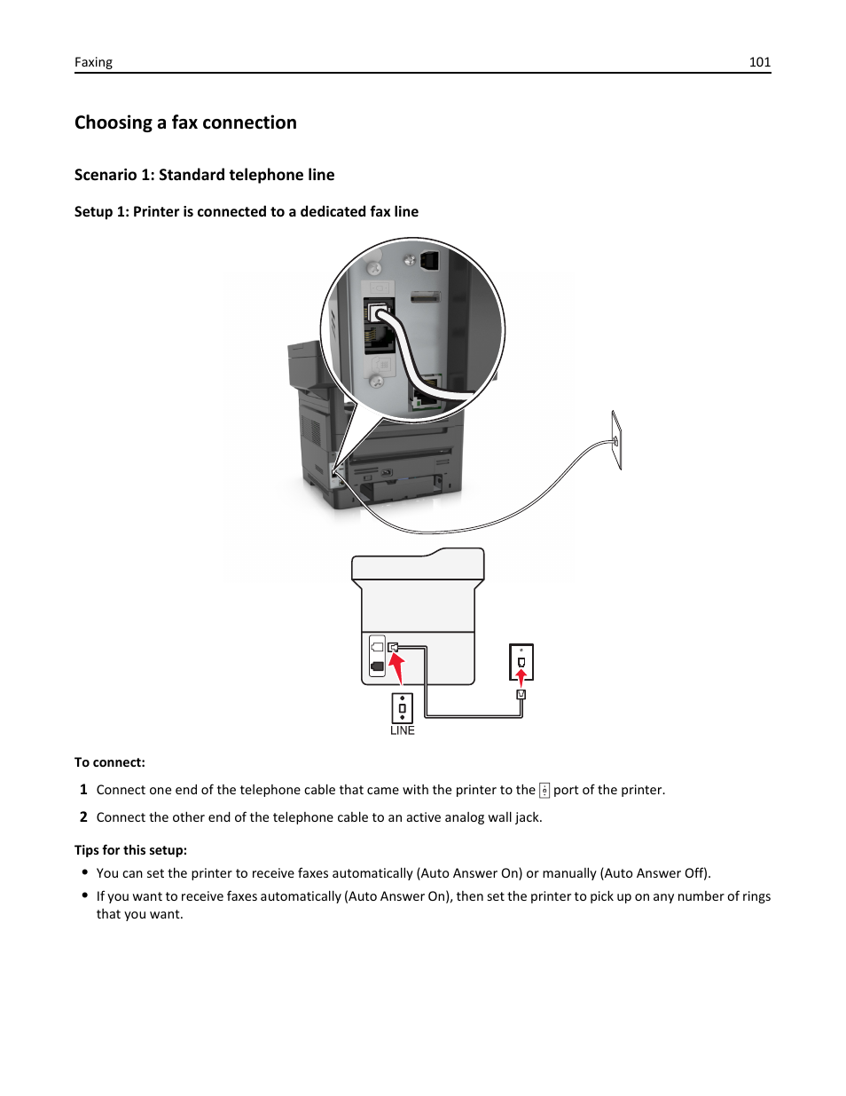 Choosing a fax connection, Scenario 1: standard telephone line | Dell B3465dn Mono Laser Multifunction Printer User Manual | Page 101 / 315