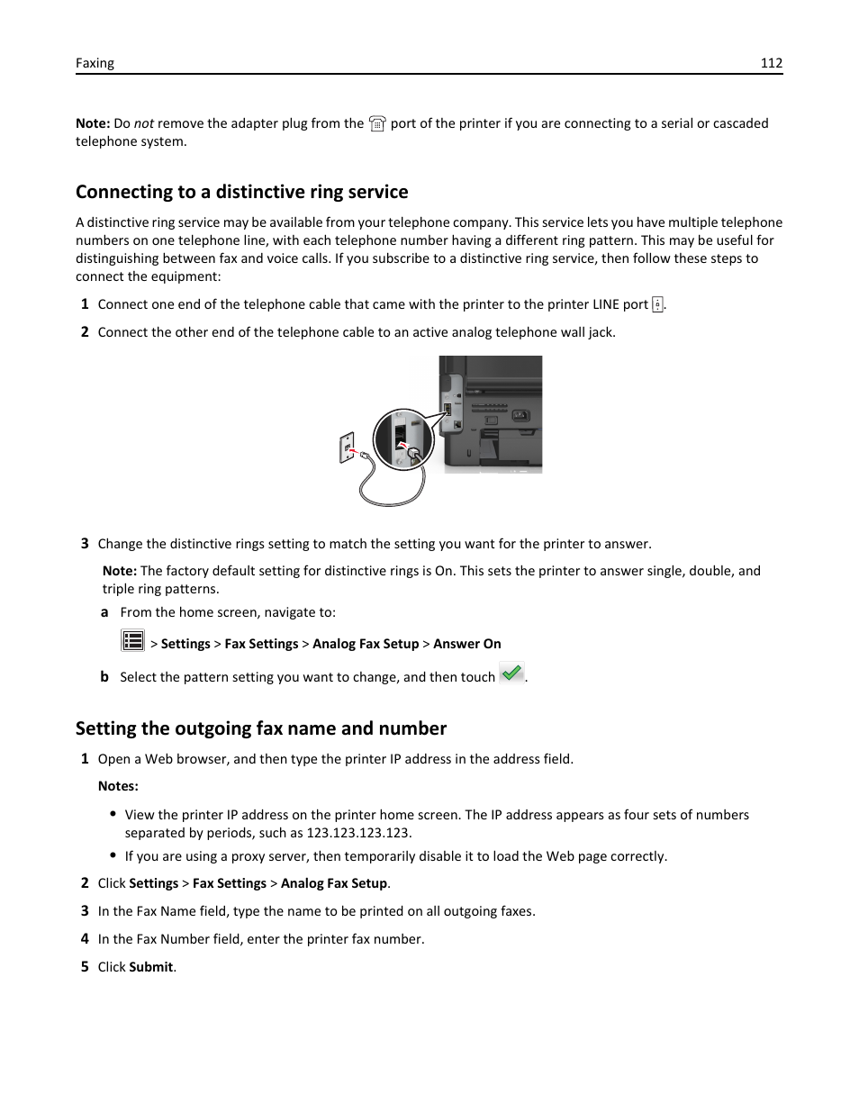 Connecting to a distinctive ring service, Setting the outgoing fax name and number | Dell B3465dn Mono Laser Multifunction Printer User Manual | Page 112 / 315