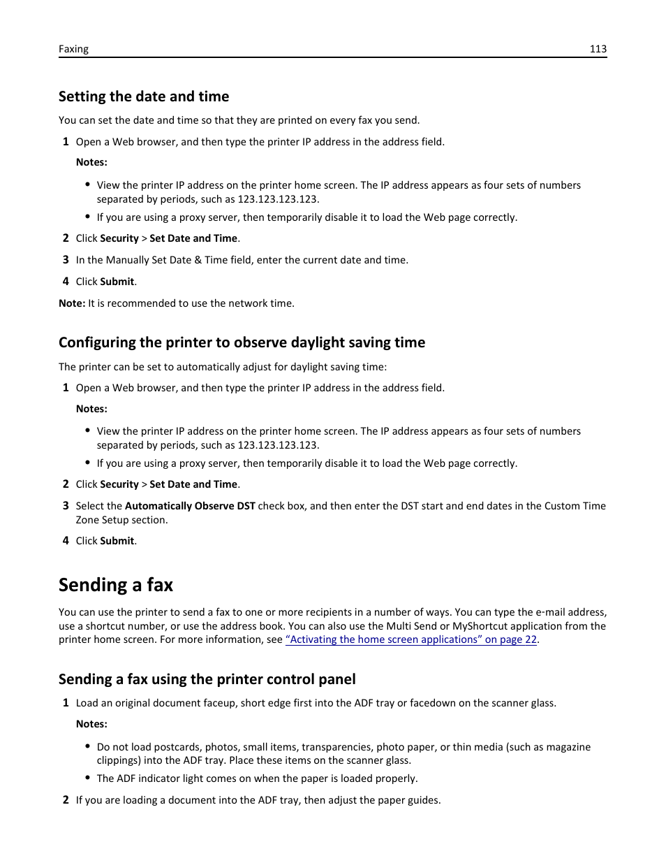 Setting the date and time, Sending a fax, Sending a fax using the printer control panel | Dell B3465dn Mono Laser Multifunction Printer User Manual | Page 113 / 315