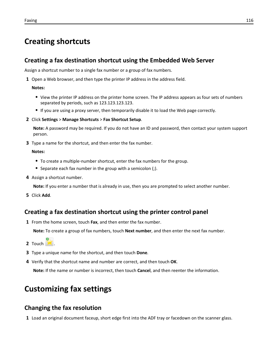 Creating shortcuts, Customizing fax settings, Changing the fax resolution | Dell B3465dn Mono Laser Multifunction Printer User Manual | Page 116 / 315