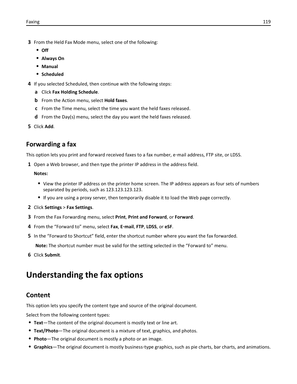 Forwarding a fax, Understanding the fax options, Content | Dell B3465dn Mono Laser Multifunction Printer User Manual | Page 119 / 315