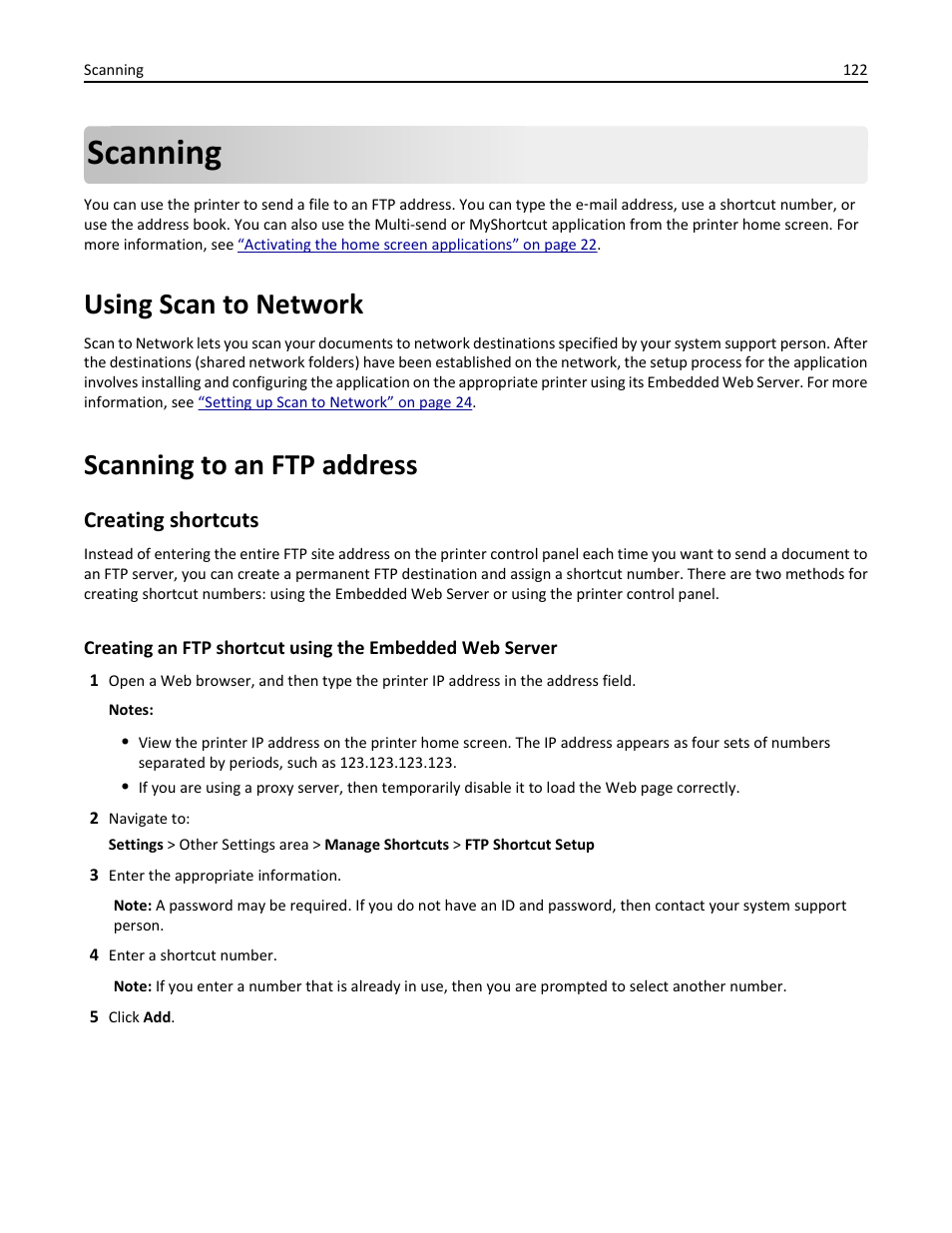 Scanning, Using scan to network, Scanning to an ftp address | Creating shortcuts | Dell B3465dn Mono Laser Multifunction Printer User Manual | Page 122 / 315