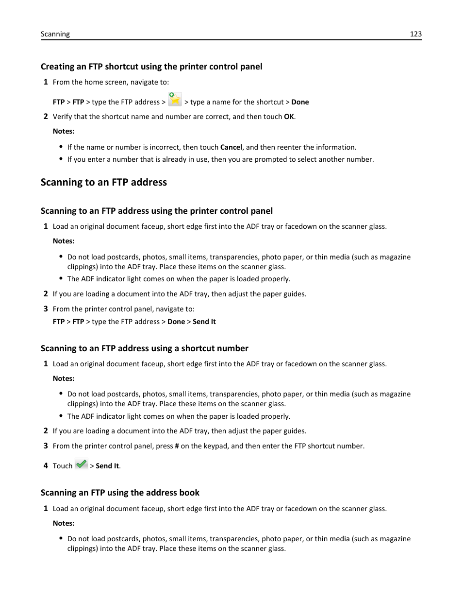 Scanning to an ftp address, Scanning to an ftp address using a shortcut number, Scanning an ftp using the address book | Dell B3465dn Mono Laser Multifunction Printer User Manual | Page 123 / 315