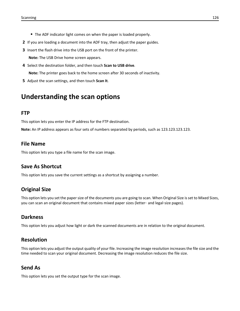 Understanding the scan options, File name, Save as shortcut | Original size, Darkness, Resolution, Send as | Dell B3465dn Mono Laser Multifunction Printer User Manual | Page 126 / 315