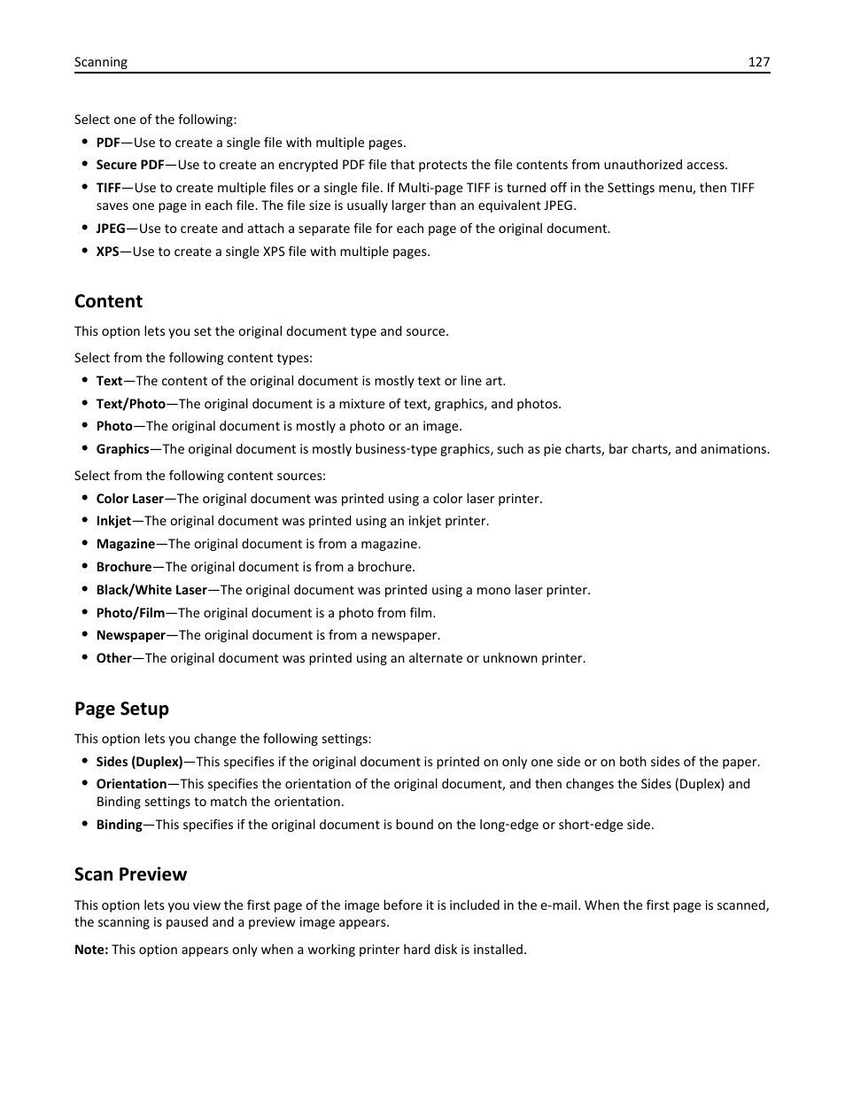 Content, Scan preview, Page setup | Dell B3465dn Mono Laser Multifunction Printer User Manual | Page 127 / 315