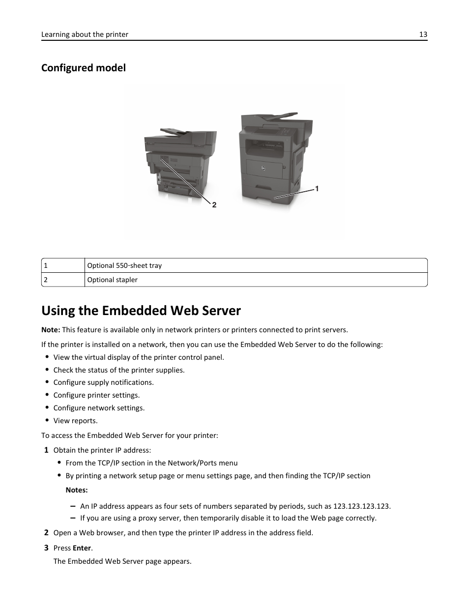 Using the embedded web server, Configured model | Dell B3465dn Mono Laser Multifunction Printer User Manual | Page 13 / 315
