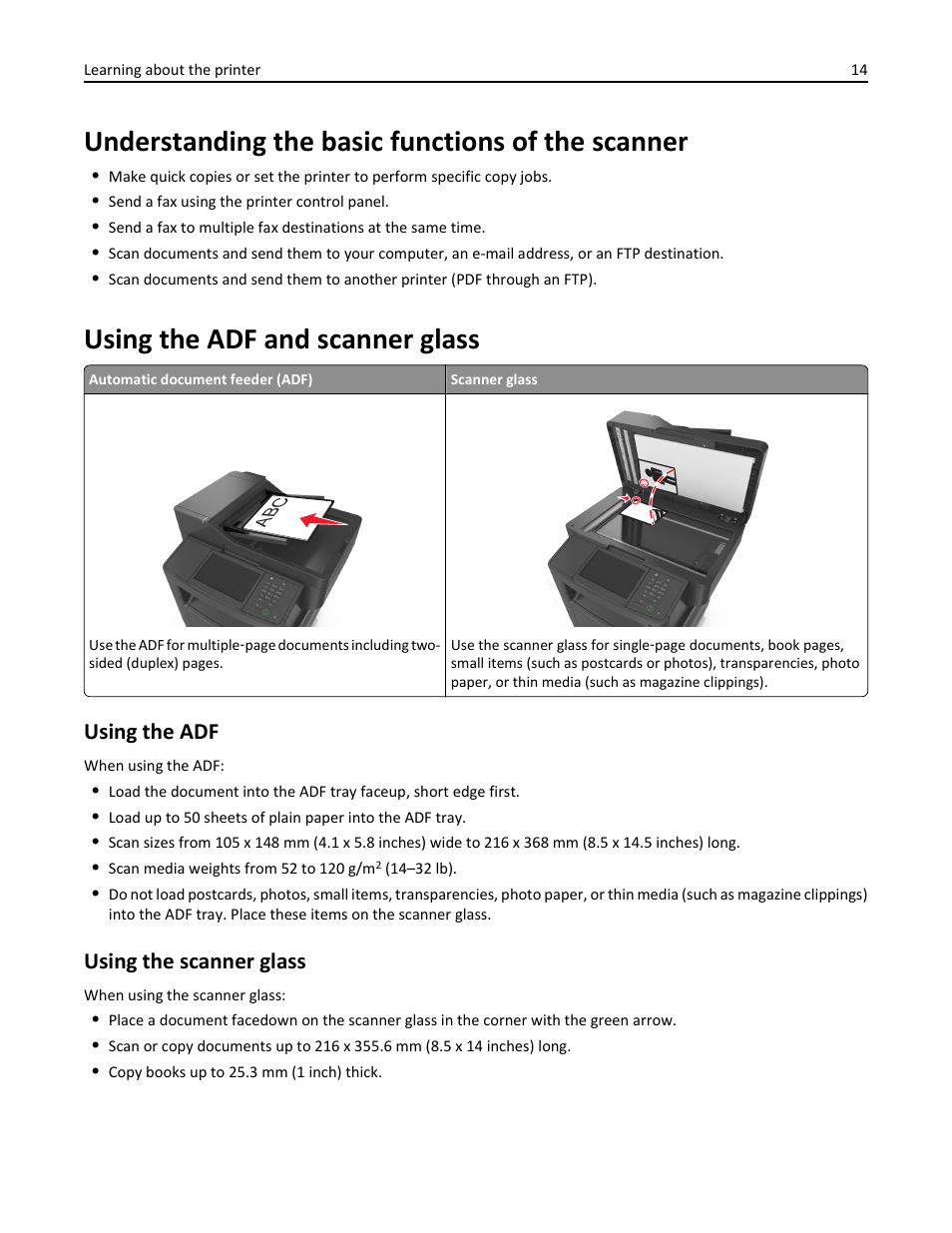 Understanding the basic functions of the scanner, Using the adf and scanner glass, Using the adf | Using the scanner glass | Dell B3465dn Mono Laser Multifunction Printer User Manual | Page 14 / 315